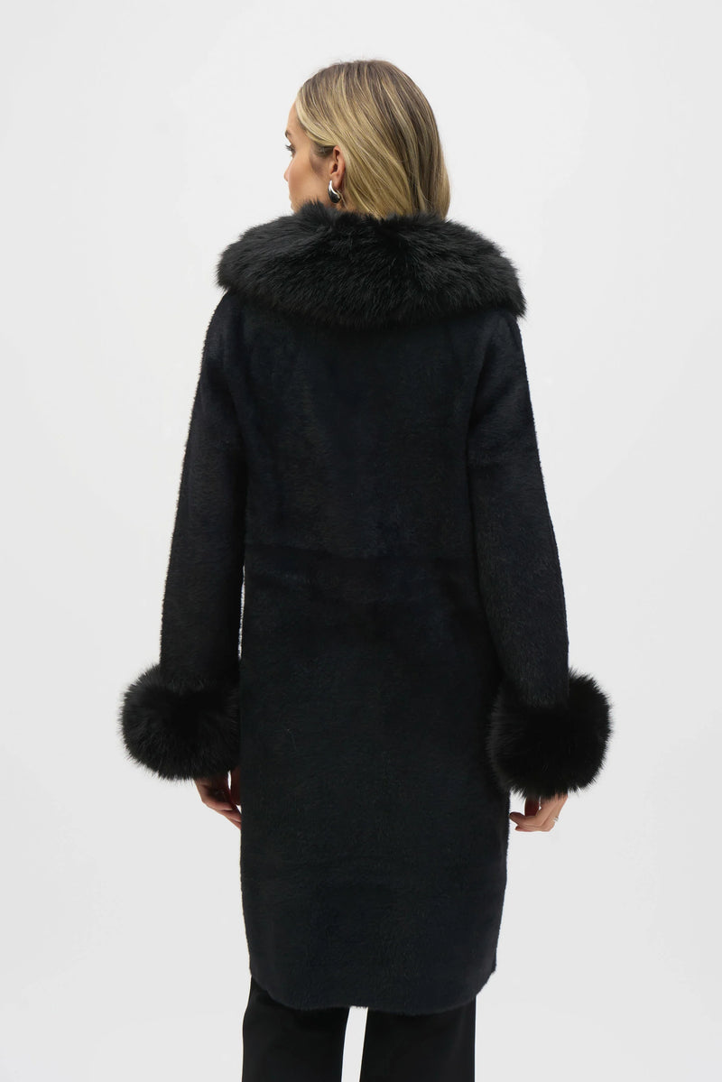 Joseph Ribkoff Feather Yarn and Faux Fur Sweater Coat 243923F25 Black