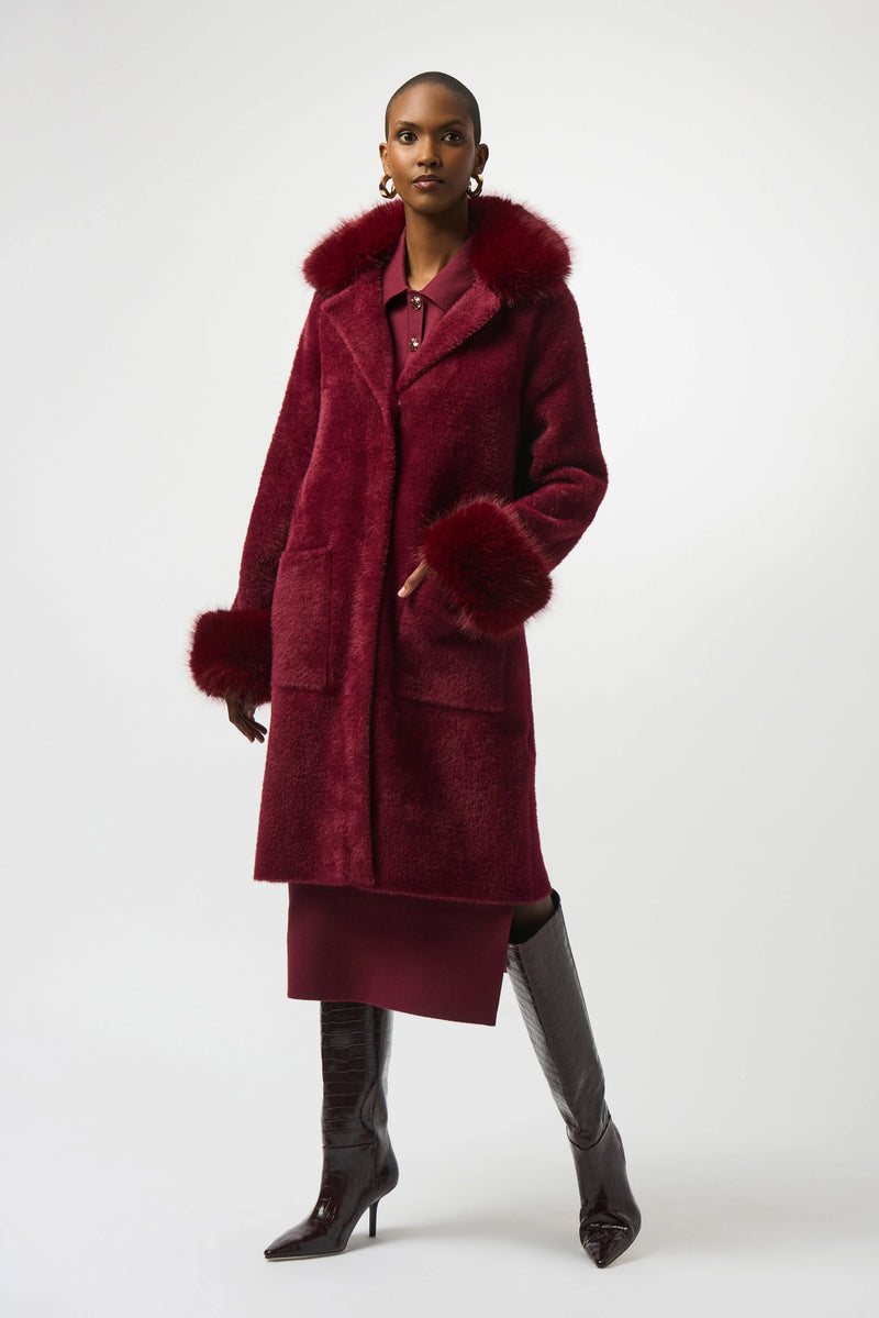 Joseph Ribkoff Feather Yarn and Faux Fur Sweater Coat 243923F25 Merlot