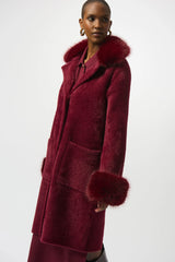 Joseph Ribkoff Feather Yarn and Faux Fur Sweater Coat 243923F25 Merlot
