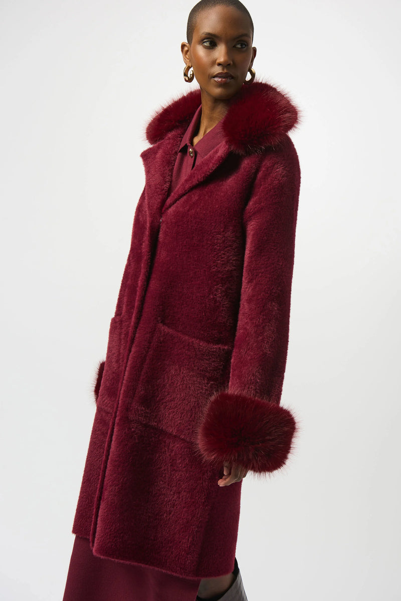 Joseph Ribkoff Feather Yarn and Faux Fur Sweater Coat 243923F25 Merlot