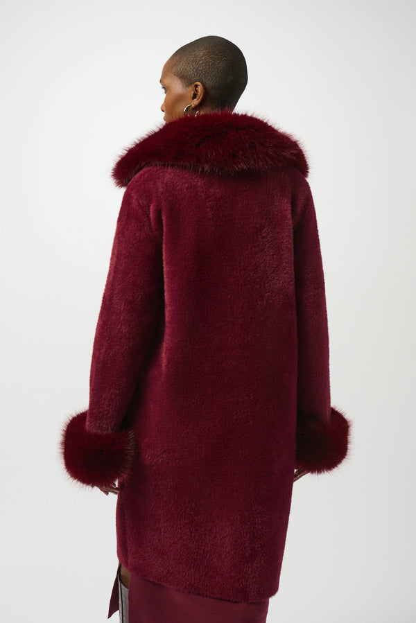 Joseph Ribkoff Feather Yarn and Faux Fur Sweater Coat 243923F25 Merlot