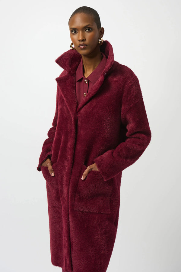 Joseph Ribkoff Feather Yarn and Faux Fur Sweater Coat 243923F25 Merlot
