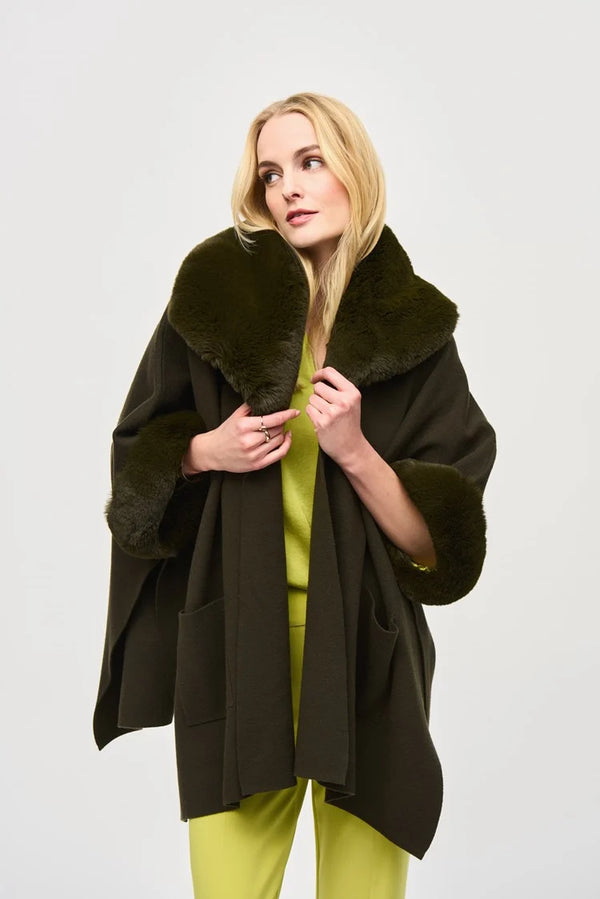 Joseph Ribkoff Brushed Jacquard and Faux Fur Cape 243930 Khaki