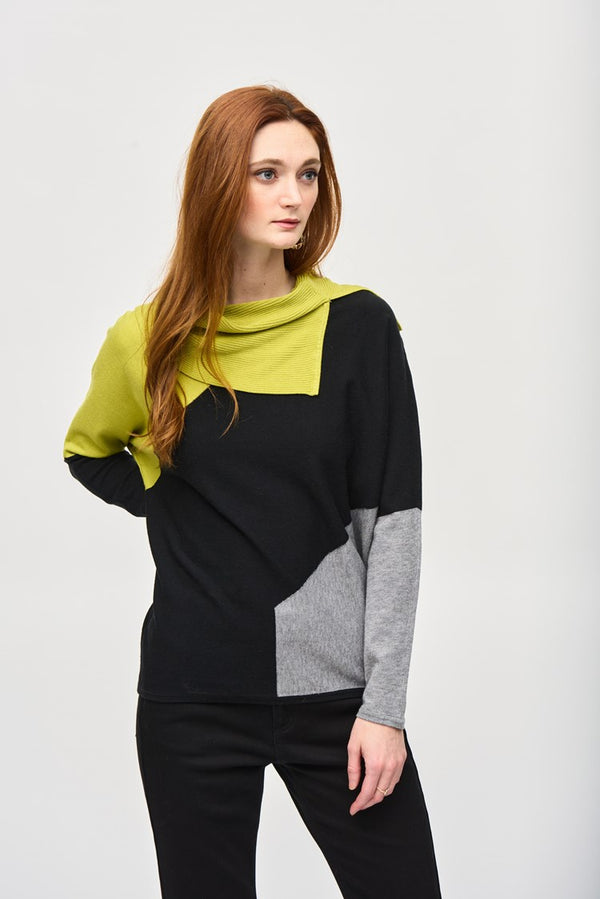 Joseph Ribkoff Color-Block Jacquard Sweater Top 243941 -Wasabi/Black/Grey Melange