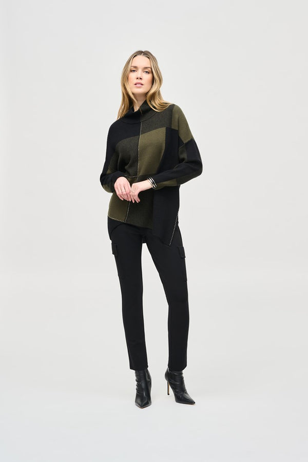 Joseph Ribkoff Color-Block Jacquard Knit Pullover 243944 Iguana/Black