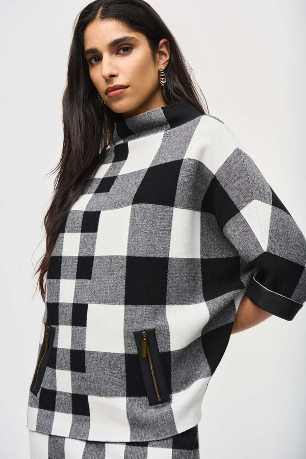 Joseph Ribkoff Plaid Jacquard Knit Sweater 243946 Black/Vanilla