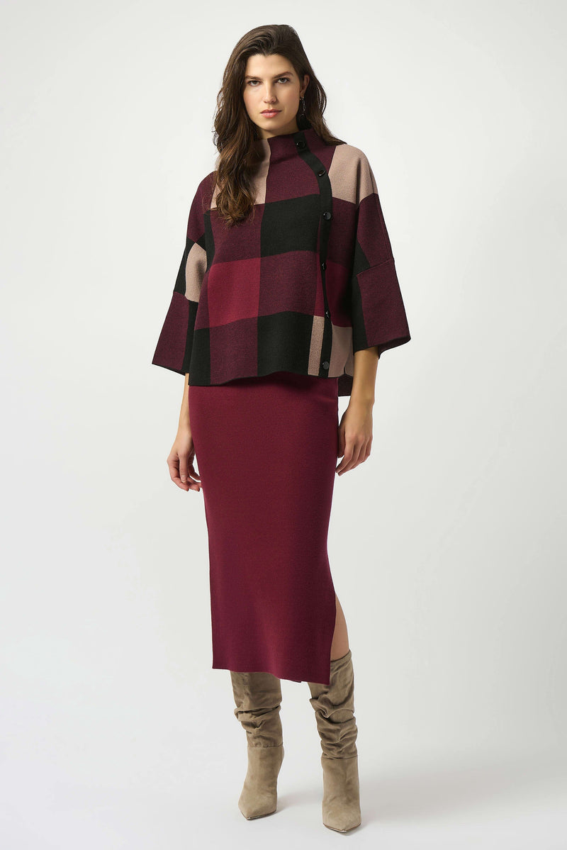 Joseph Ribkoff Plaid Jacquard Sweater Knit Top 243948F25 Merlot/Multi