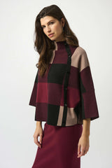 Joseph Ribkoff Plaid Jacquard Sweater Knit Top 243948F25 Merlot/Multi