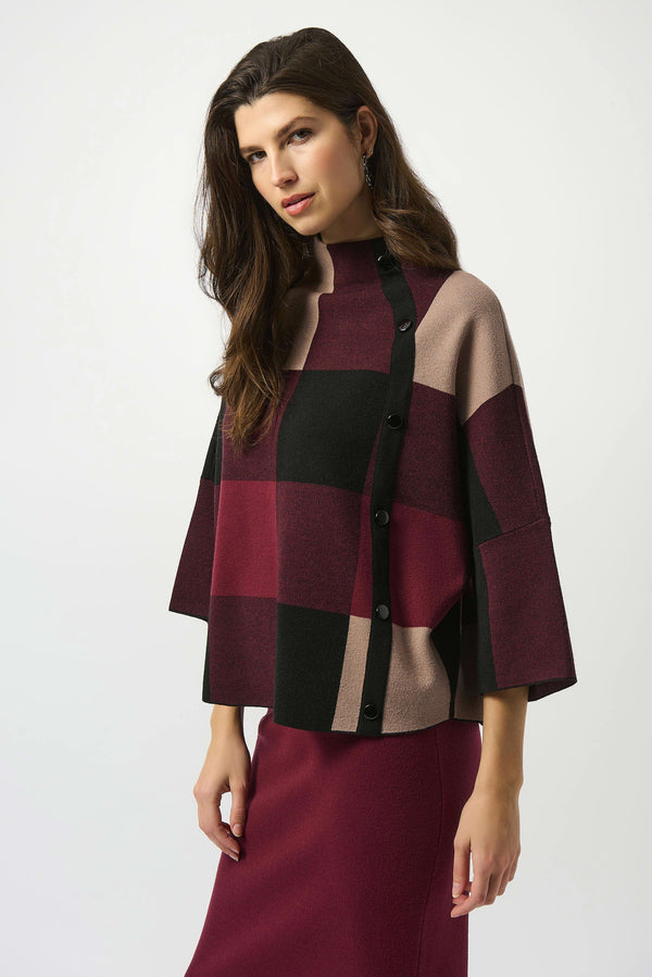 Joseph Ribkoff Plaid Jacquard Sweater Knit Top 243948F25 Merlot/Multi