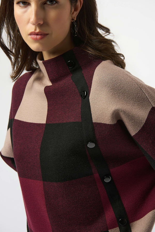 Joseph Ribkoff Plaid Jacquard Sweater Knit Top 243948F25 Merlot/Multi