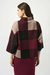 Joseph Ribkoff Plaid Jacquard Sweater Knit Top 243948F25 Merlot/Multi