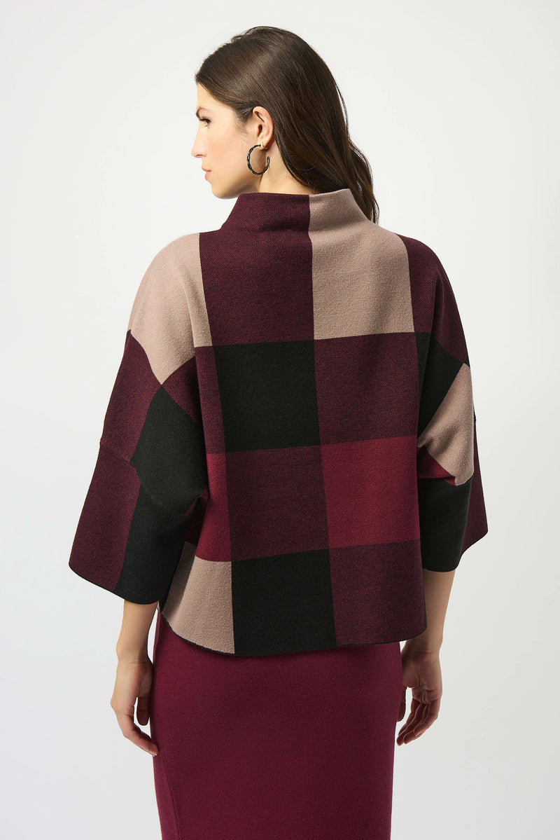 Joseph Ribkoff Plaid Jacquard Sweater Knit Top 243948F25 Merlot/Multi