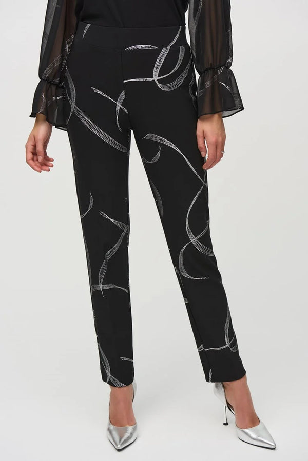 Joseph Ribkoff Silky Knit Abstract Print Pull-On Pants 244119 Black/Silver