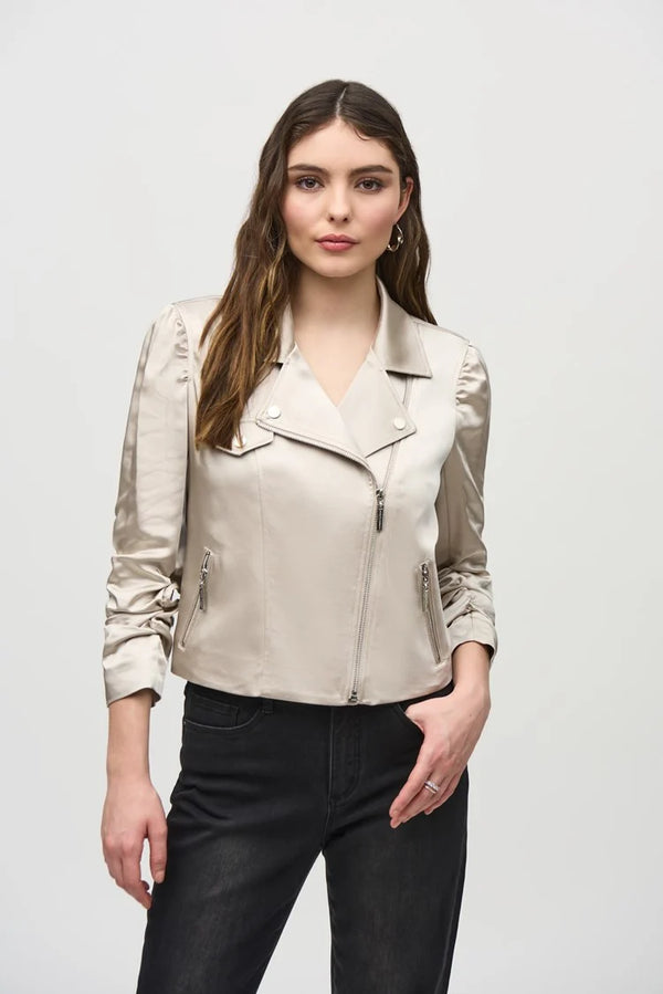 Joseph Ribkoff Satin Moto Jacket with Zippers 244903 Moonstone