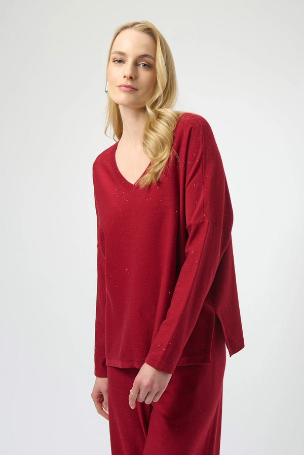 Joseph Ribkoff Sequined Sweater Knit Boxy Top 244921F25 Deep Cherry