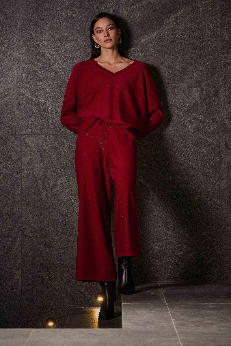 Joseph Ribkoff Sequined Sweater Knit Culotte Pants 244922F25 Deep Cherry