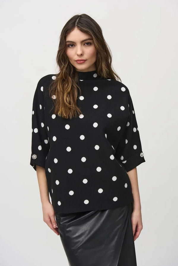 Joseph Ribkoff Jacquard Sweater Dot Print Top 244936 Black/Vanilla