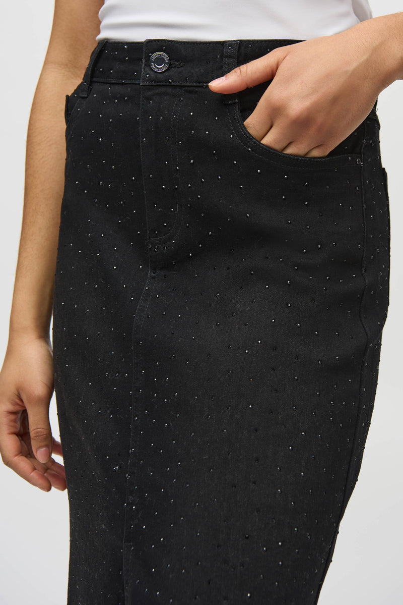 Joseph Ribkoff Classic Denim Pencil Skirt with Rhinestones 244944 Black