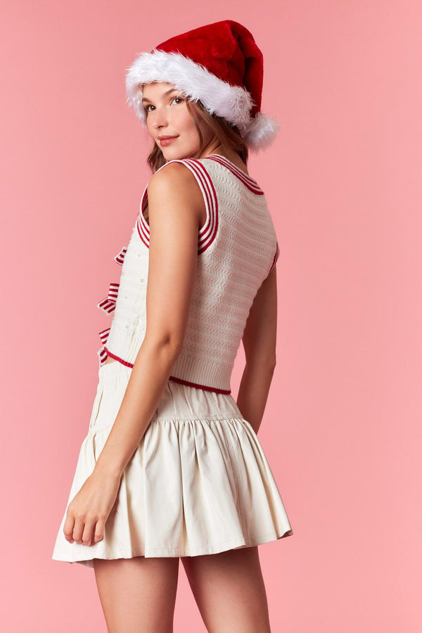 Peach Love Pearl with Front Bow Detail Cropped Vest | Ivory/Red