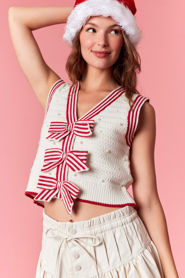 Peach Love Pearl with Front Bow Detail Cropped Vest | Ivory/Red