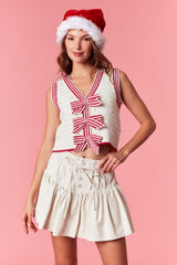 Peach Love Pearl with Front Bow Detail Cropped Vest | Ivory/Red