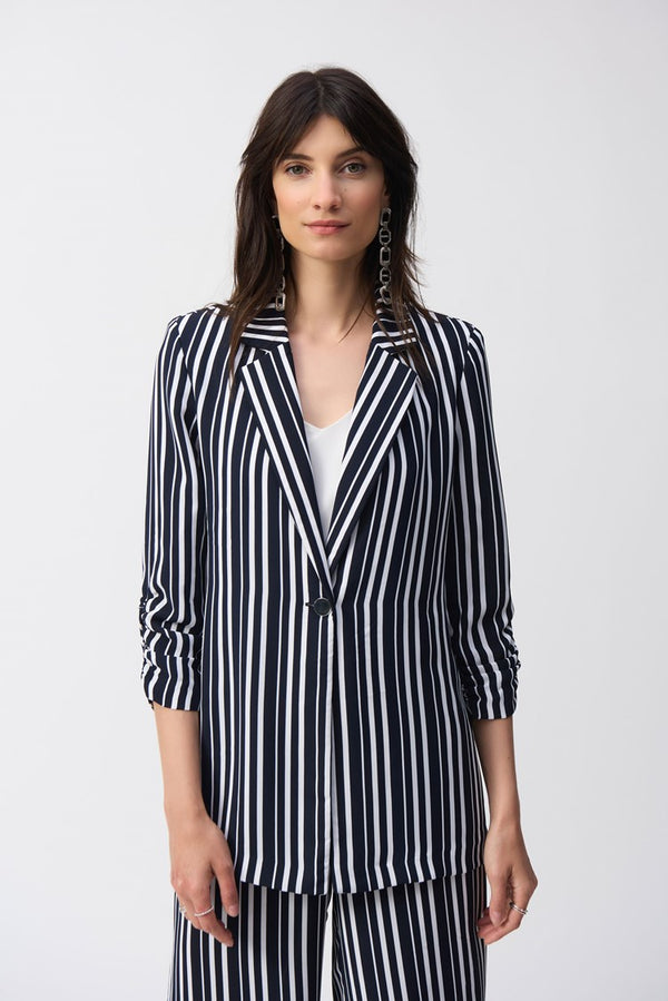 Joseph Ribkoff Woven Stripe Print Boxy Blazer 251155 Vanilla/Midnight Blue