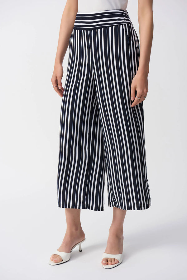 Joseph Ribkoff Woven Stripe Print Culotte Pants 251162 Vanilla/Midnight Blue