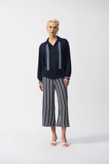 Joseph Ribkoff Georgette Top with Woven Stripe Scarf 251212 Midnight Blue/Vanilla