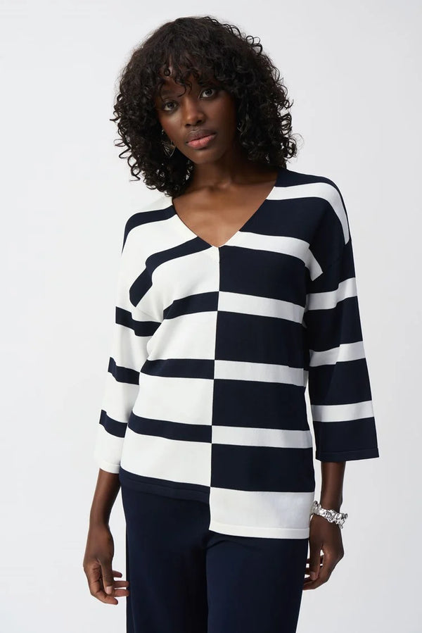 Joseph Ribkoff Striped Sweater Knit V-Neck Pullover 251914 Midnight Blue/Vanilla