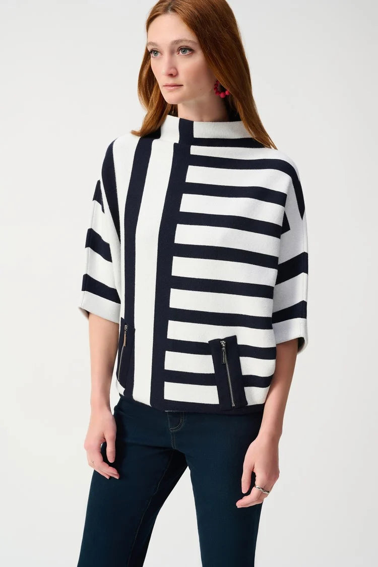 Joseph Ribkoff Jacquard Stripe Sweater Knit Pullover 251933 Midnight Blue/Vanilla