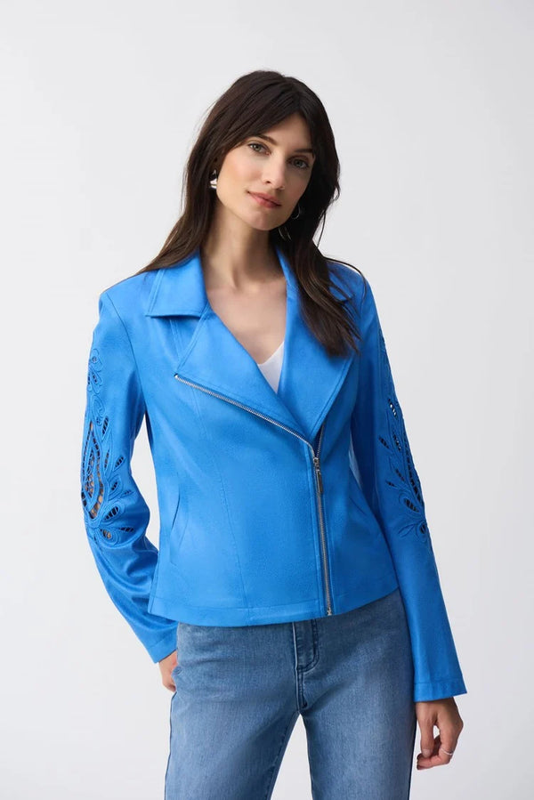 Joseph Ribkoff Foiled Faux-Suede Moto Jacket 251936 Coastal Blue