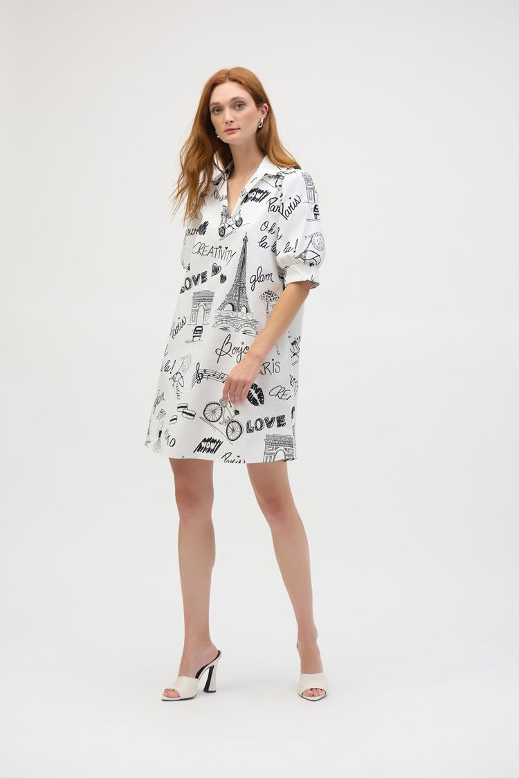 Joseph Ribkoff Poplin Conversational Print A-Line Dress 252019 Vanilla/Black