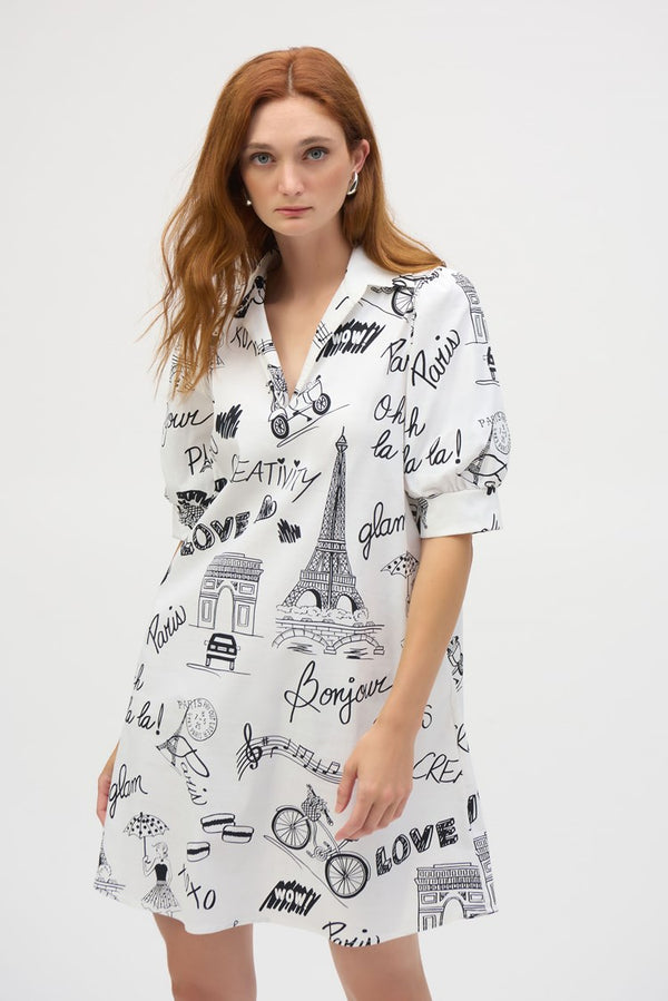 Joseph Ribkoff Poplin Conversational Print A-Line Dress 252019 Vanilla/Black