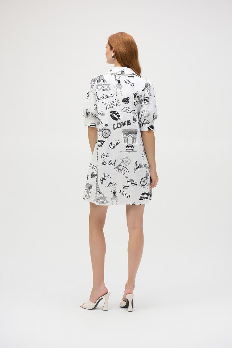 Joseph Ribkoff Poplin Conversational Print A-Line Dress 252019 Vanilla/Black