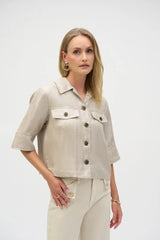 Joseph Ribkoff Foiled Linen Blend Short Sleeve Boxy Jacket 252921 Champagne