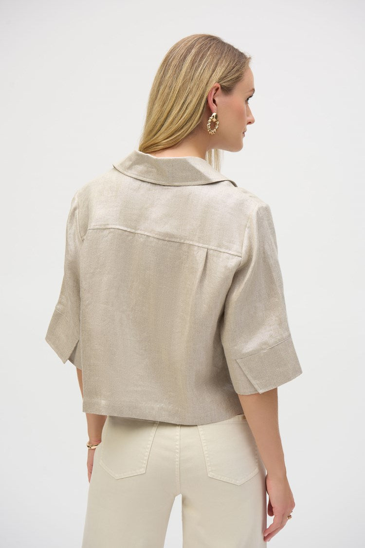 Joseph Ribkoff Foiled Linen Blend Short Sleeve Boxy Jacket 252921 Champagne