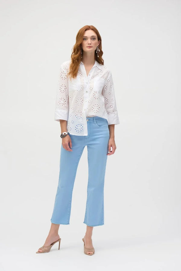 Joseph Ribkoff Stretch Flare Crop Jeans with Frayed Hem 252912 Sky Blue