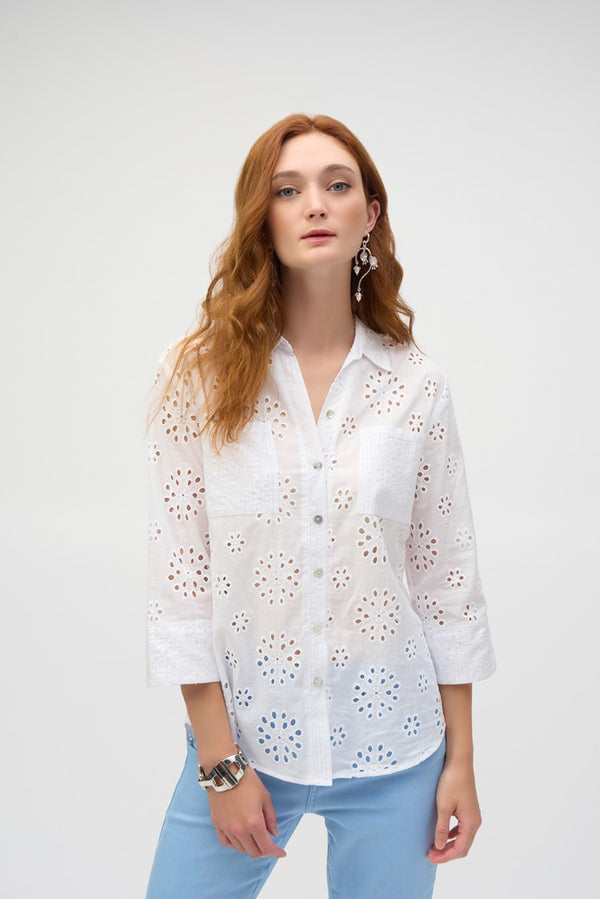 Joseph Ribkoff Cotton Embroidered Eyelet Boxy Blouse 252928 White