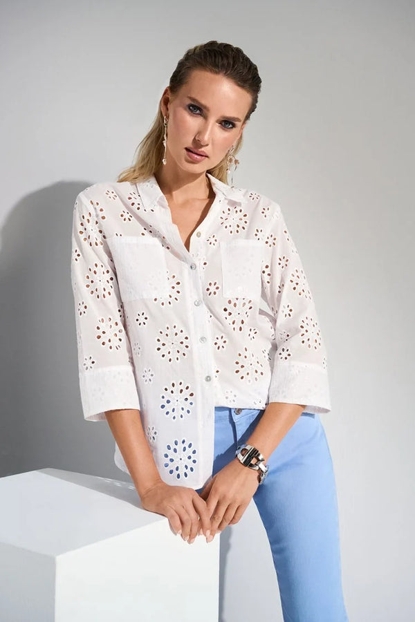 Joseph Ribkoff Cotton Embroidered Eyelet Boxy Blouse 252928 White