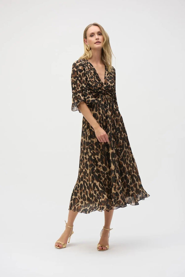 Joseph Ribkoff Chiffon Animal Print Fit and Flare Dress 252935 Beige/Black