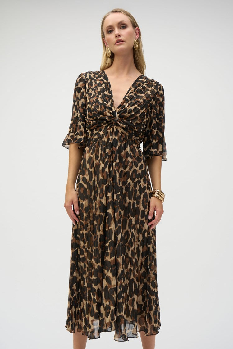 Joseph Ribkoff Chiffon Animal Print Fit and Flare Dress 252935 Beige/Black