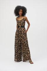 Joseph Ribkoff Chiffon Animal Print Wide Leg Jumpsuit 252936 Beige/Black