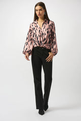 Joseph Ribkoff Recycled Satin Animal Print Draped Top 253059 Pink/Black