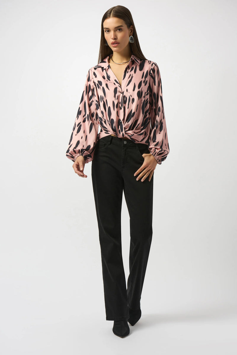Joseph Ribkoff Recycled Satin Animal Print Draped Top 253059 Pink/Black