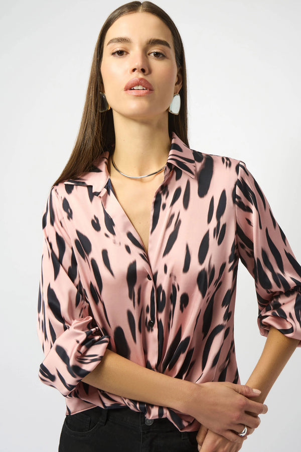 Joseph Ribkoff Recycled Satin Animal Print Draped Top 253059 Pink/Black