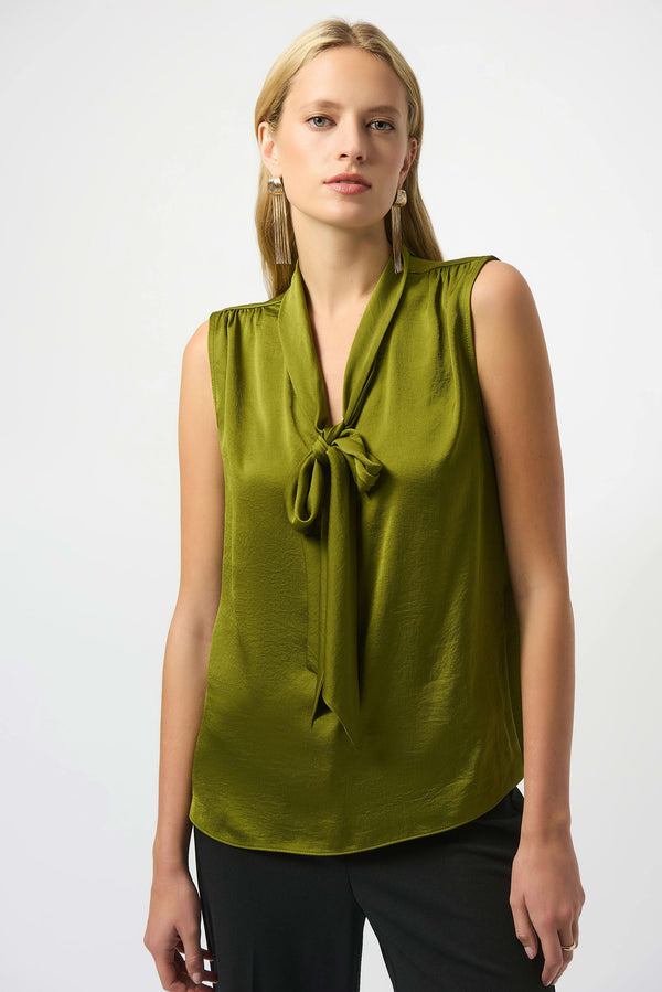 Joseph Ribkoff Recycled Satin Tie Neck Top 253225 Artichoke