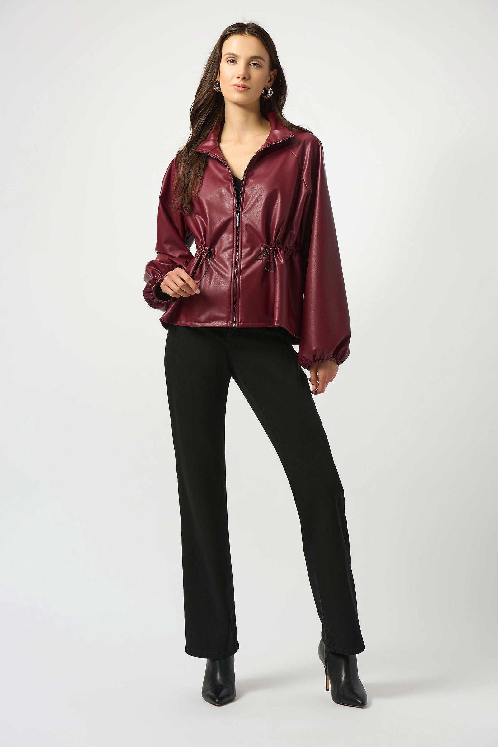 Joseph Ribkoff Leatherette Zipper Front Boxy Jacket 253263 Merlot