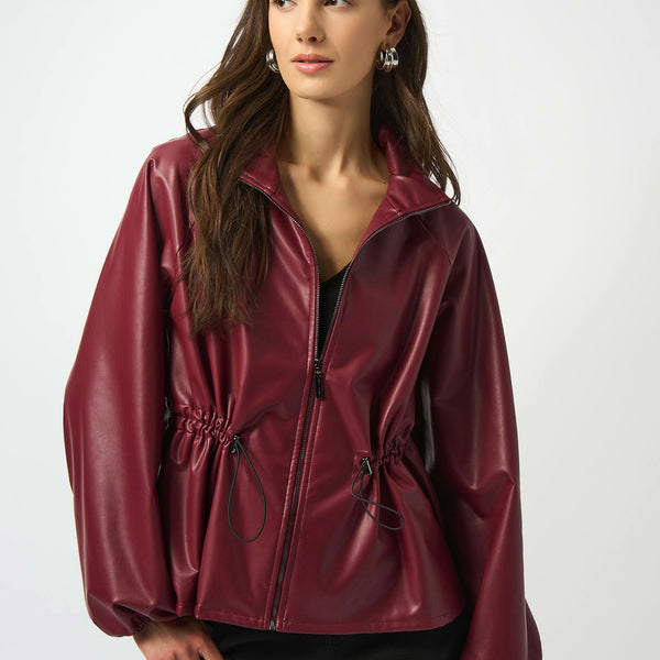 Joseph Ribkoff Leatherette Zipper Front Boxy Jacket 253263 Merlot