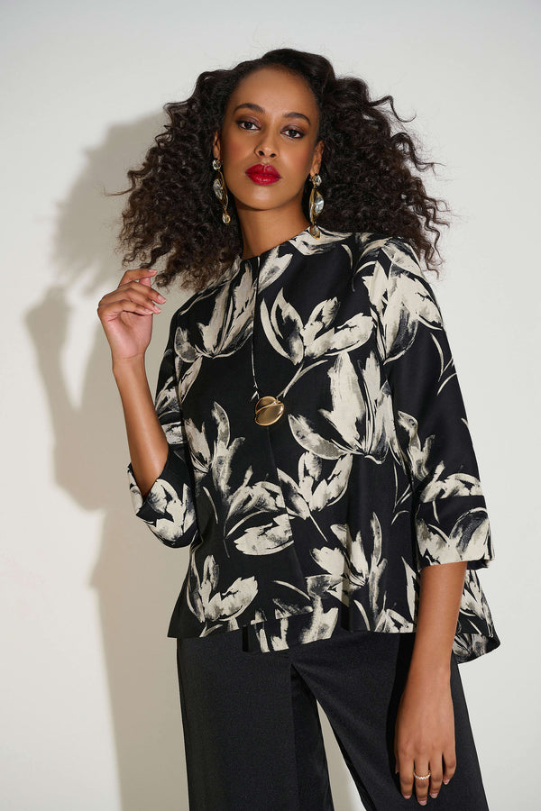 Joseph Ribkoff Signature | Jacquard Floral Print Swing Jacket 253719 Black/Off-White