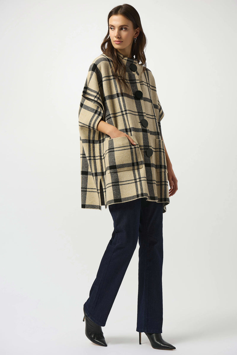 Joseph Ribkoff Jacquard Sweater Knit Plaid Poncho 253903 | Champagne/Black
